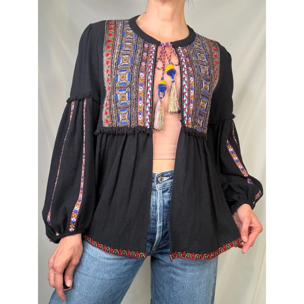 New Zara Beaded Folk Embroidered Tassel‎ Boho Blouse Balloon Sleeve Top NWT M
